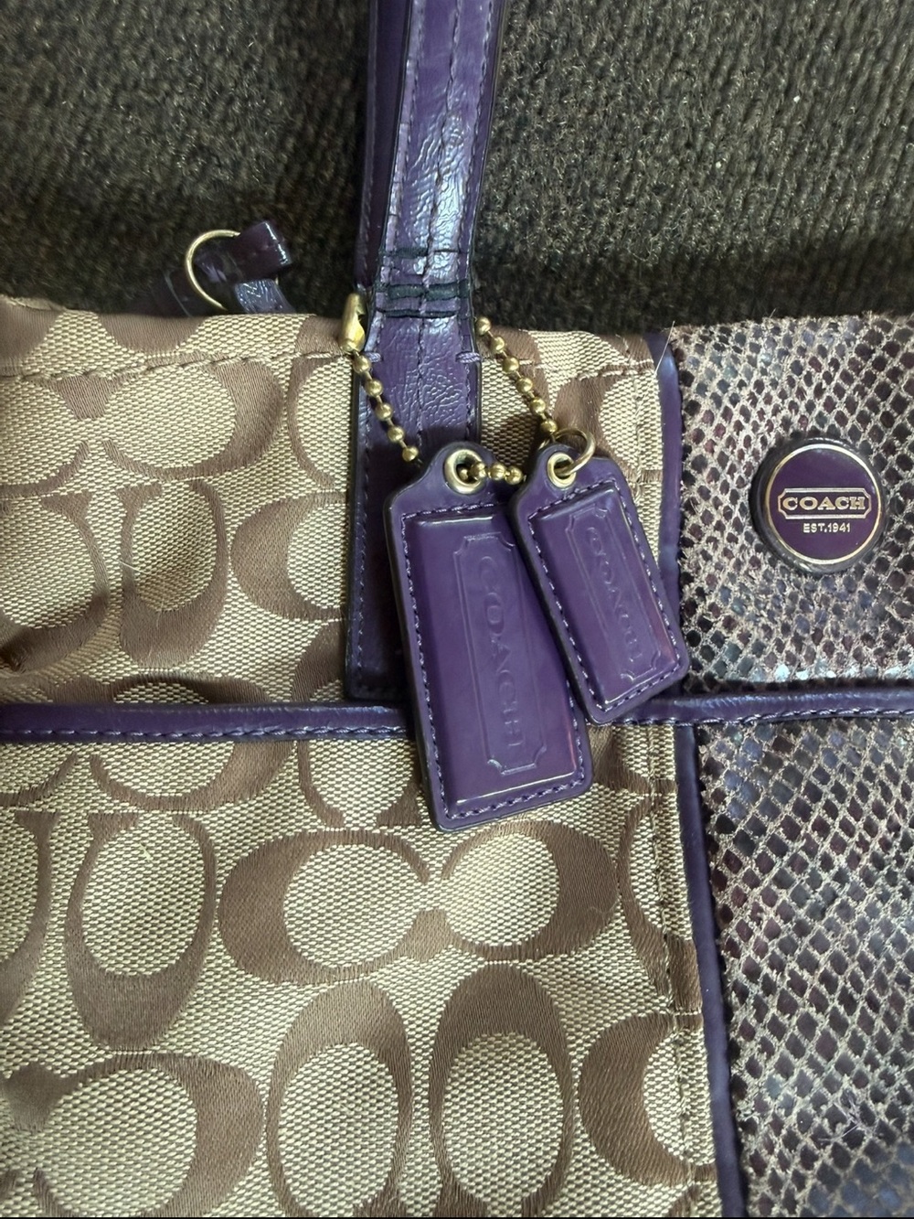 Coach Brown Signature Canvas Tote with Purple Leather Trim
